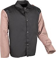 Image of Product. Cotton and Aramid/Cellulose. Front orientation. Jackets. Welding Jackets, Cotton Fabric Body, Black/Beige.