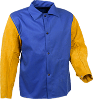Image of Product. Cotton and Leather. Front orientation. Jackets. Welding Jackets, Cotton Fabric Body, Blue/Yellow.