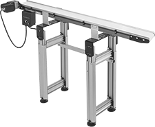 Image of System. Conveyor Shown with Two Stands and Cross Brace. Front orientation. Conveyors. Ready-to-Run Mini Belt Conveyors.