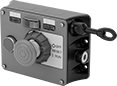 Image of Product. Right Side Cable Location. Front orientation. Emergency Stop Switches. Cable-Pull-Actuator Emergency Stop Switches with Restart Switch, 1 Direction, Tension Indicator, Power Indicator, Restart Button, Emergency Stop Button, Right-Side-Cable.