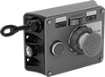 Image of Product. Left Side Cable Location. Front orientation. Emergency Stop Switches. Cable-Pull-Actuator Emergency Stop Switches with Restart Switch, 1 Direction, Tension Indicator, Power Indicator, Restart Button, Emergency Stop Button, Left-Side Cable.