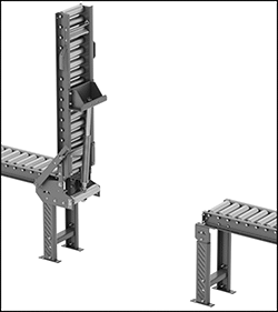Image of ProductInUse. Shown Lifted. Front orientation. Contains Border. Conveyors. High-Capacity Large-Diameter Roller Conveyors, Lift Gate Conveyor.