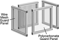 Image of System. Front orientation. Exploded view. Contains Annotated. Machine Guards. Machine-Mount T-Slotted Framing Machine Guards.