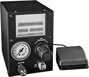 Image of Product. Front orientation. Syringe Dispensers. Air-Powered Syringe Dispensers , With Controller, Foot Pedal, Vacuum Knob, and Touchscreen.