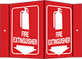 Image of Product. Fire Extinguisher with Arrow
(Red with White
Message—Rectangle)—Three-Way
View. Front orientation. Signs. Flange-Mount Fire Equipment Signs, Fire Extinguisher with Arrow (Red with White Message—Rectangle)—Three-Way View.