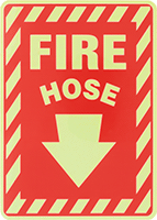 Image of Product. Fire Hose with Arrow
(English)—Red with
Glow-in-the-Dark Green
Message. Front orientation. Signs. Glow-in-the-Dark Fire Equipment Signs, Fire Hose with Arrow (English)—Red with Glow-in-the-Dark Green Message.