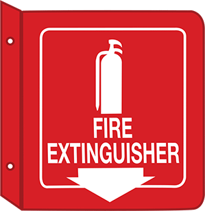 Image of Product. Fire Extinguisher with

Arrow (Red with White

Message—Square)—Two-Way

View. Front orientation. Fire Equipment Sign, Two-Way Flange-Mount, Fire Extinguisher Sign, 8" Square.