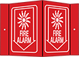 Image of Product. Fire Alarm with Arrow (Red

with Red/White

Message—Rectangle)—Three-Way

View. Front orientation. Signs. Flange-Mount Fire Equipment Signs, Fire Alarm with Arrow (Red with Red/White Message—Rectangle)—Three-Way View.