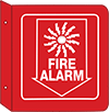 Image of Product. Fire Alarm with Arrow
(Red with Red/White
Message—Square)—Two-Way
View. Front orientation. Signs. Flange-Mount Fire Equipment Signs, Fire Alarm with Arrow (Red with Red/White Message—Square)—Two-Way View.
