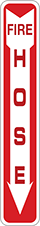Image of Product. Fire Hose with Arrow (English)—Red with Red/White Message. Front orientation. Signs. Fire Equipment Signs, Fire Hose with Arrow (English)—Red with Red/White Message.