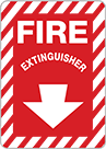 Image of Product. Fire Extinguisher with Arrow (English)—Red with White Message. Front orientation. Signs. Fire Equipment Signs, Fire Extinguisher with Arrow (English)—Red with White Message.