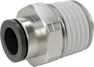 Image of Product. Front orientation. Push-to-Connect Tube Fitting for Air, Straight Adapter, for 1/4" Tube OD x 1/4 NPT Male.