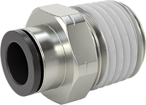 Image of Product. Front orientation. Push-to-Connect Tube Fitting for Air, Straight Adapter, for 1/4" Tube OD x 1/4 NPT Male.