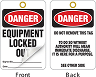 Image of Product. Front orientation. Contains Annotated, MultipleImages. Tags. Lockout/Tagout Tags with Laminating Flap, Danger—Equipment Locked Out (White).