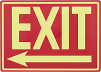 Image of Product. Front orientation. Signs. Glow-in-the-Dark Exit Signs, Exit with Arrow (Left) (English)—Red with Glow-in-the-Dark Green Message.