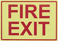 Image of Product. Front orientation. Signs. Glow-in-the-Dark Exit Signs, Fire Exit (English)—Glow-in-the-Dark Green with Red Message.