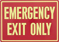 Image of Product. Front orientation. Signs. Glow-in-the-Dark Exit Signs, Emergency Exit Only (English)—Red with Glow-in-the-Dark Green Message.