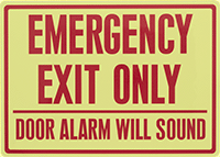 Image of Product. Front orientation. Signs. Glow-in-the-Dark Exit Signs, Emergency Exit Only—Door Alarm Will Sound (English)—Glow-in-the-Dark Green with Red Message.