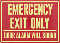 Image of Product. Front orientation. Signs. Glow-in-the-Dark Exit Signs, Emergency Exit Only—Door Alarm Will Sound (English)—Red with Glow-in-the-Dark Green Message.