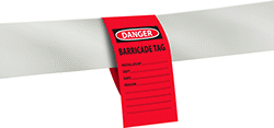 Image of ProductInUse. Front orientation. Tags. Machine and Equipment Operation Tags, Danger—Barricade Tag.