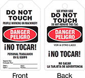 Image of Product. Front orientation. Contains Annotated, MultipleImages. Tags. Lockout/Tagout Tags, Danger—Do Not Touch People Working on Machinery/Peligro—No Tocar Personal Trabajando En El Equipo, Danger—Do Not Touch Do Not Remove This Tag/Peligro—No Tocar No Sacar La Tarjeta de Advertencia.