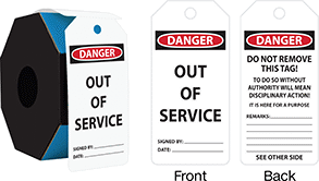 Image of Product. Front orientation. Contains Annotated, MultipleImages. Tags. Lockout/Tagout Tags, Danger—Out of Service, Danger—Do Not Remove This Tag, White—Standard Visibility, Roll.