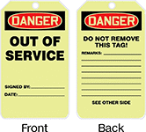 Image of Product. Front orientation. Contains Annotated, MultipleImages. Tags. Lockout/Tagout Tags, Danger—Out of Service, Danger—Do Not Remove This Tag, White—Glow-in-the-Dark, Package.