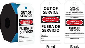 Image of Product. Roll. Front orientation. Contains Annotated, MultipleImages. Tags. Lockout/Tagout Tags, Danger—Out of Service/Peligro—Fuera De Servicio, Danger—Out of Service Do Not Remove This Tag/Peligro—Fuera De Servicio No Remueva Esta Etiqueta, White—Standard Visibility, Roll.
