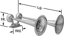 Image of Product. Front orientation. Contains Annotated. Audible Alarms. Dual Trumpet-Style Horns, Air Powered.