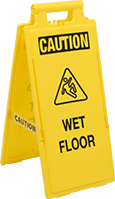 Image of Product. Front orientation. Signs. Fold-Flat Slip and Fall Prevention Signs, Caution—Wet Floor with Watch Your Step Symbol (English)—Message on Front and Back.