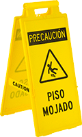 Image of Product. Front orientation. Signs. Fold-Flat Slip and Fall Prevention Signs, Precaución—Piso Mojado with Watch Your Step Symbol (Spanish)—Message on Front and Back.