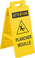 Image of Product. Front orientation. Signs. Fold-Flat Slip and Fall Prevention Signs, Attention—Plancher Mouille with Watch Your Step Symbol (French)—Message on Front and Back.