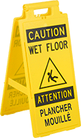 Image of Product. Front orientation. Signs. Fold-Flat Slip and Fall Prevention Signs, Caution—Wet Floor/Attention—Plancher Mouille with Watch Your Step Symbol (English/French)—Message on Front and Back.