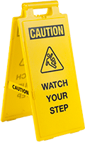 Image of Product. Front orientation. Signs. Fold-Flat Slip and Fall Prevention Signs, Caution—Watch Your Step with Watch Your Step Symbol (English)—Message on Front and Back.