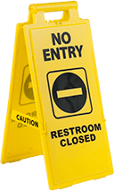 Image of Product. Front orientation. Signs. Fold-Flat Restricted Area Signs, Caution—No Entry Restroom Closed with Do Not Enter Symbol (English).