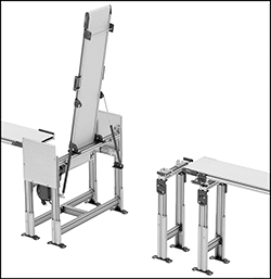 Image of Product. Conveyor Shown Lifted. Front orientation. Contains Border. Conveyors. Easy-Access Ready-To-Run Mini Belt Conveyors.