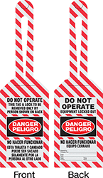 Image of Product. Front orientation. Contains Annotated, MultipleImages. Tags. Machine and Equipment Operation Tags, Danger—Do Not Operate Equipment Locked Out/Peligro—No Hacer Funcionar Equipo Cerrado, Danger—Do Not Operate/Peligro—No Hacer Funcionar.