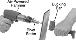 Image of ProductInUse. Front orientation. Contains Annotated. Rivet Tools. Air-Powered Hammer and Rivet Setter Kits for Solid Rivets.