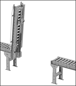 Image of ProductInUse. Shown Lifted. Front orientation. Contains Border. Conveyors. High-Capacity Roller Conveyors, Lift Gate Conveyor.