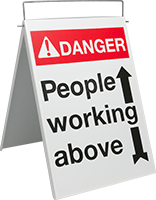 Image of Product. Front orientation. Signs. Fold-Flat Restricted Area Signs, Danger—People Working Above with Arrow (English).