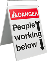 Image of Product. Front orientation. Signs. Fold-Flat Restricted Area Signs, Danger—People Working Below with Arrow (English).