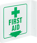 Image of Product. Front orientation. Signs. Flange-Mount First-Aid Signs, First Aid with Arrow and Cross (English)—Two-Way View.
