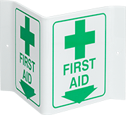 Image of Product. Front orientation. Signs. Flange-Mount First-Aid Signs, First Aid with Arrow and Cross (English)—Three-Way View.