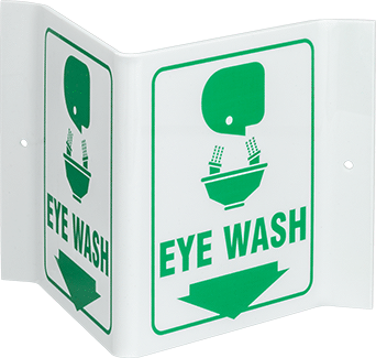 Image of Product. Front orientation. First-Aid Sign, Flange-Mount, Eye Wash and Arrow Message, 6" High, 9" Wide.