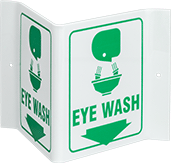 Image of Product. Front orientation. Signs. Flange-Mount First-Aid Signs, Eye Wash with Arrow (English)—Three-Way View.