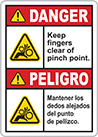 Image of Product. Front orientation. Labels. Illustrated Machine and Equipment Operation Labels , Danger—Keep Fingers Clear of Pinch Point/Peligro—Mantenga los Dedos Alejados del Punto de Pellizco, Vertical Orientation.