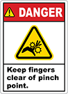 Image of Product. Front orientation. Labels. Illustrated Machine and Equipment Operation Labels , Danger—Keep Fingers Clear of Pinch Point, Vertical Orientation.