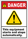 Image of Product. Front orientation. Labels. Illustrated Machine and Equipment Operation Labels , Danger—This Equipment Starts and Stops Automatically.