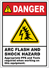 Image of Product. Front orientation. Labels. Illustrated Electrical Hazard Labels , Danger—Arc Flash and Shock Hazard.