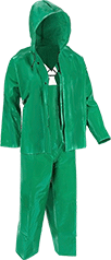 Image of Product. Front orientation. Rain Suits. Chemical-Resistant Rain Suits, Suit with Bib Overalls and Hooded Jacket.